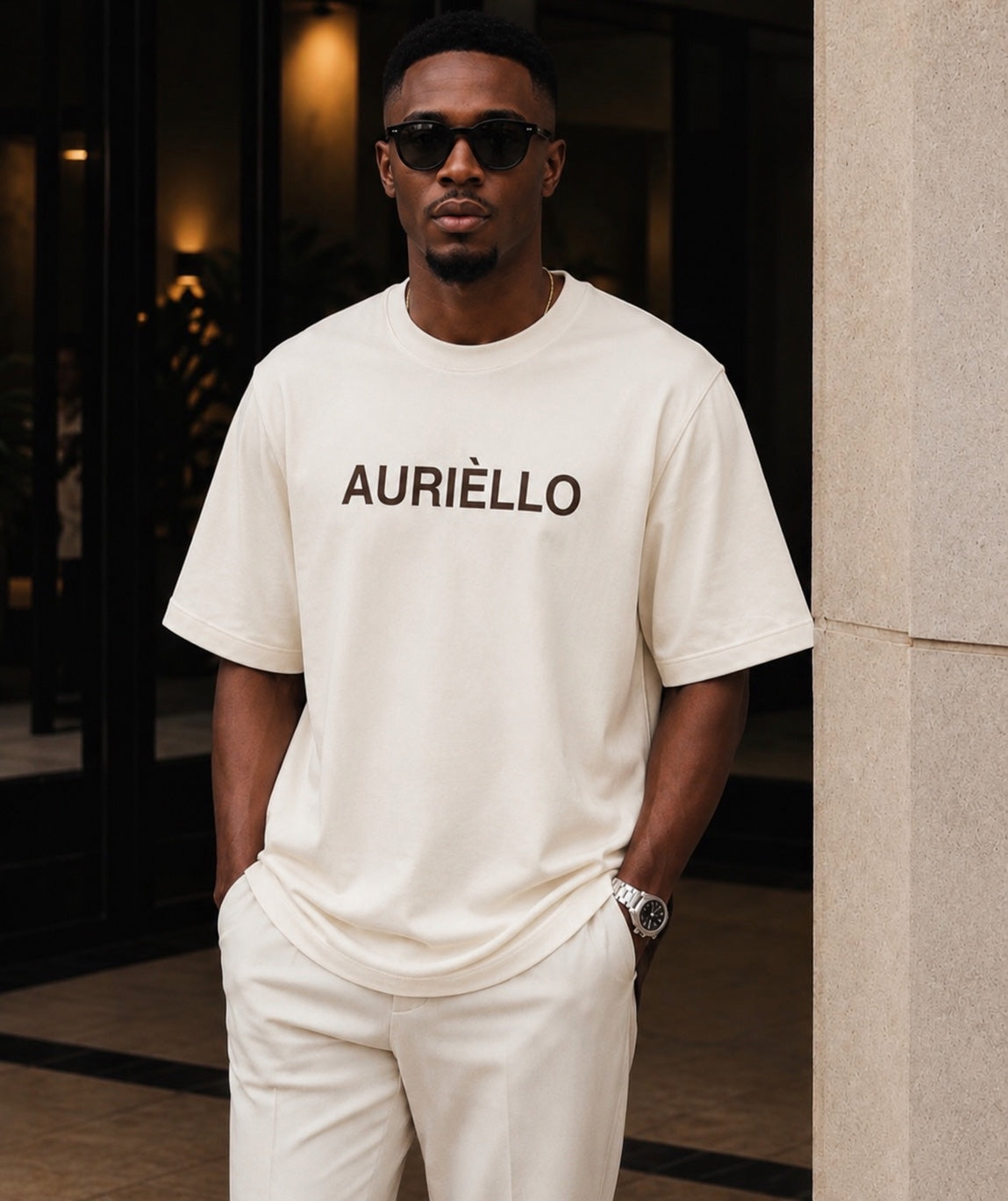 AURIÈLLO 300gsm oversized cream white T-shirt front view