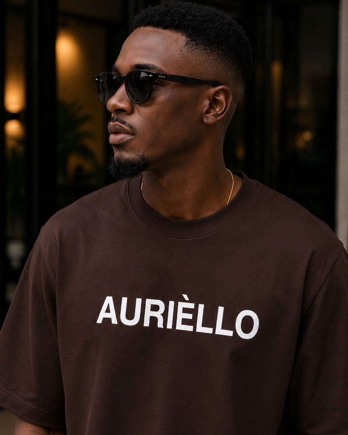 AURIÈLLO chocolate brown 300gsm oversized t-shirt close-up front view