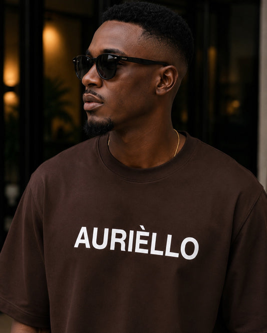 AURIÈLLO chocolate brown 300gsm oversized t-shirt close-up front view