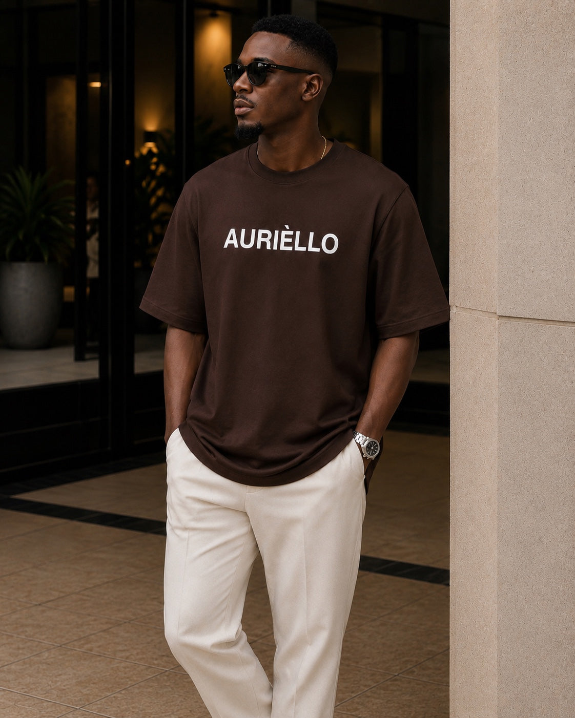 AURIÈLLO chocolate brown 300gsm oversized t-shirt front view