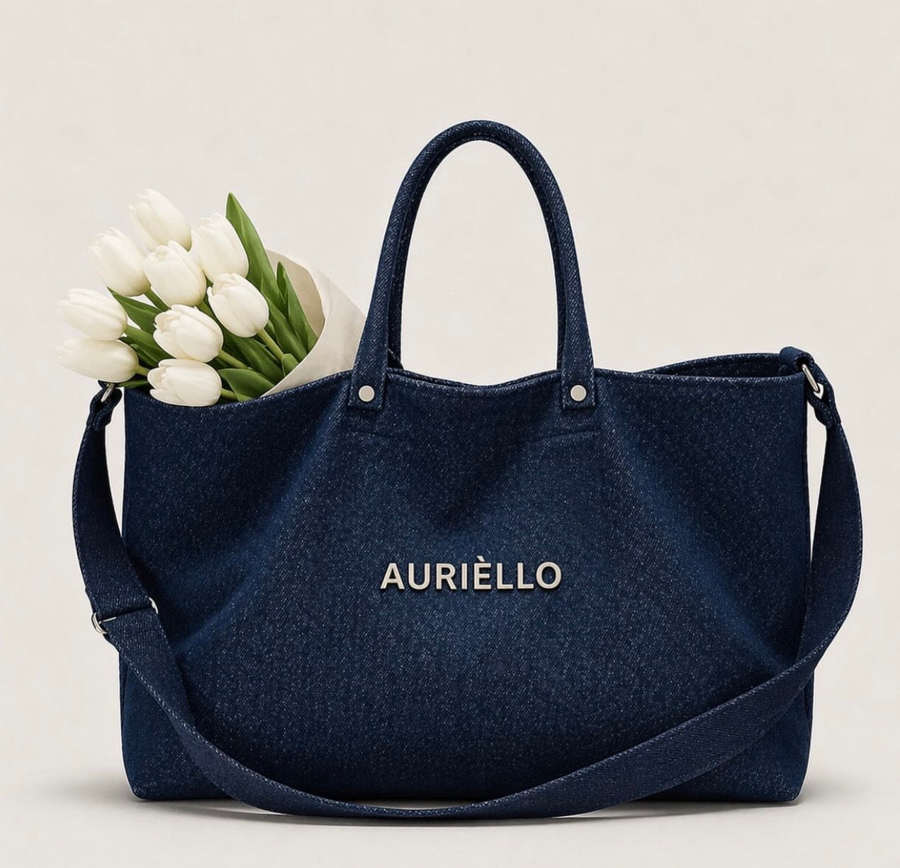 AURIÈLLO Indigo Denim Weekender Bag with white tulips