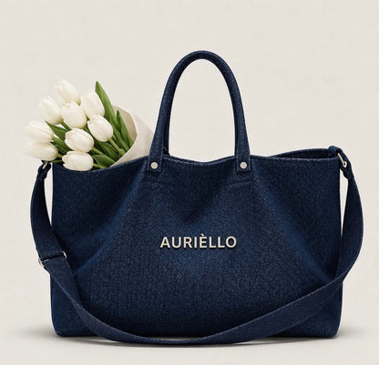 AURIÈLLO Indigo Denim Weekender Bag with white tulips