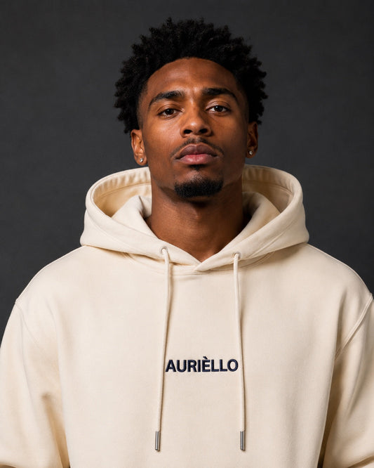 AURIÈLLO off-white hoodie close-up front view